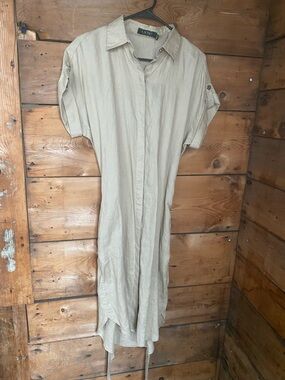 Ralph Lauren tan linen shirt dress with belt.
